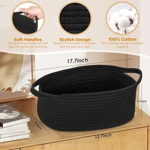 Detail view of black cotton rope basket with dimensions 17.7 x 13.7 x 5.1 inches