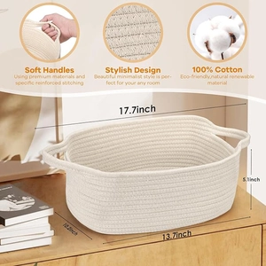 Detail view of woven cotton rope storage basket with soft handles and precise dimensions