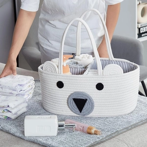 Portable Cotton Rope Diaper Caddy Baby Nursery Storage Basket Compartments Diapers Wipes Toys Minimalist Foldable Bag