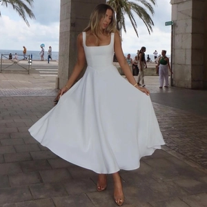 Damen Square Neck Ärmelloses Spaghettiträger-Kleid Slim Fit Hohe Taille Einfarbig Elegant Party Urlaub Langes Kleid