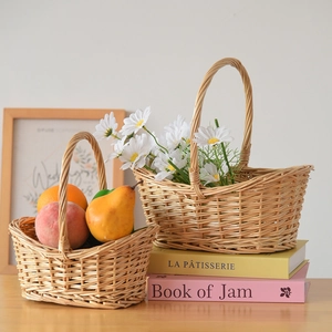 Handmade Willow Woven Storage Basket With Handle Pastoral Style Fruit Vegetable Picking Picnic Basket Home Decoration