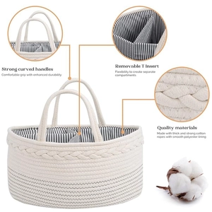 Handcrafted cotton rope baby diaper caddy with striped lining and adjustable compartments