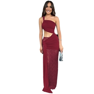 Elegant burgundy one-shoulder maxi dress with cutout waist and lace details