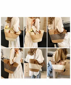 Detail view of woven straw tote bags in various stripe patterns and color options