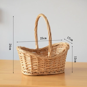 Macro shot showing dimensions of a handmade willow picnic basket with a sturdy arched handle