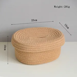 Detailed view of woven cotton rope tissue box with lid, measuring 23cm by 15cm by 10cm