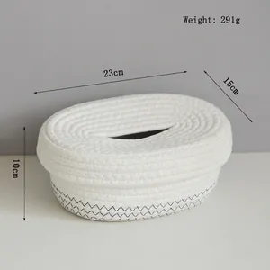 Detail view of woven cotton rope tissue box with dimensions 23x15x10cm and black stitching
