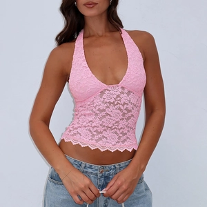 Top Été Femme Dos Nu Dentelle Ajouré Col en V Sexy Coupe Ajustée Débardeur Sans Manches Crochet Floral Polyester