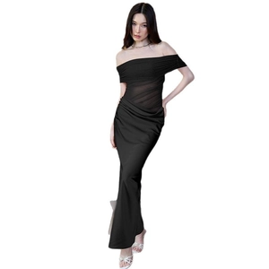 Sexy black off-shoulder maxi dress with sheer mesh patchwork and side ruched detailing