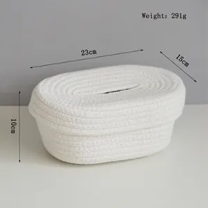 Macro shot showing detailed dimensions and 291g weight of white woven cotton tissue box