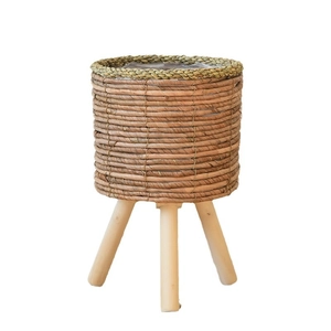 Nordic rattan plant stand with natural seagrass basket and three solid wood legs