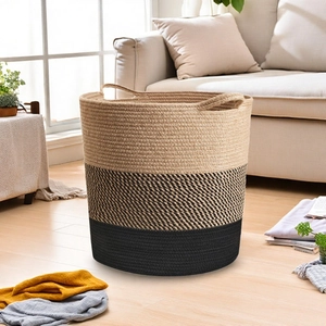 Close-up of three-tone cotton rope woven basket featuring durable handles and Nordic texture