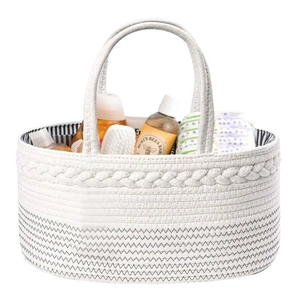 Portable cotton rope diaper caddy organizer with black zigzag stitching and striped lining