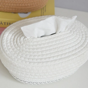 White oval cotton woven tissue box cover with spiral texture for home table storage