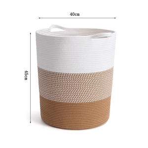 Macro detail of tricolor woven cotton rope basket with dimensions 40cm by 45cm