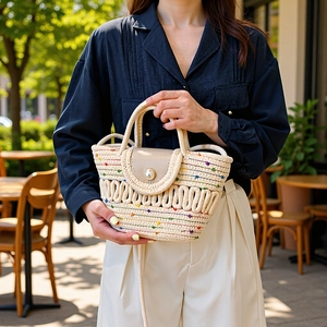Sac à Main en Paille Tissé à la Main Bouton de Künstliche Perle Nœud en Dentelle Sac Bandoulière Coloré Moucheté Vacances d'Été Mode Femme