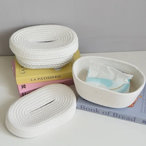 Three-piece set of white woven cotton rope tissue boxes with black wave pattern detail