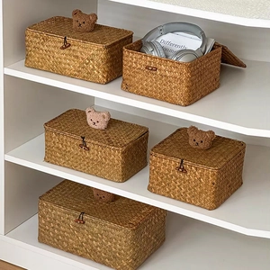 Handwoven rattan storage basket with cute bear lid for desktop organization