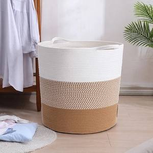 Three-tone woven cotton rope laundry basket with integrated handles for home organization