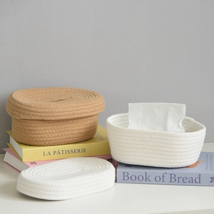Minimalist woven cotton rope tissue box cover and desktop storage basket in white and brown