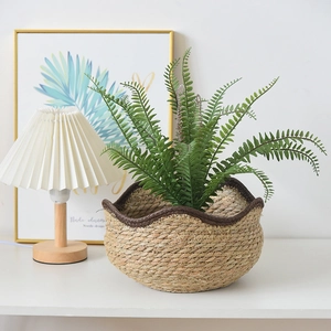 Close-up of hand-woven straw planter with brown wavy trim and green fern plant
