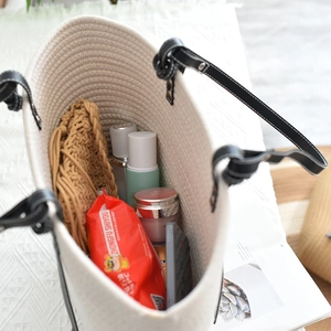 Top-down view of spacious woven tote bag showing skincare and essentials storage
