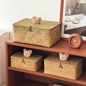 Handmade Woven Seagrass Storage Basket With Lid Cute Plush Bear Decor Desktop Organizer Sundries Storage Box For Home