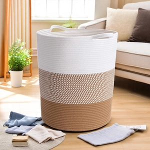 Close-up of three-tone woven cotton rope laundry basket with reinforced handles