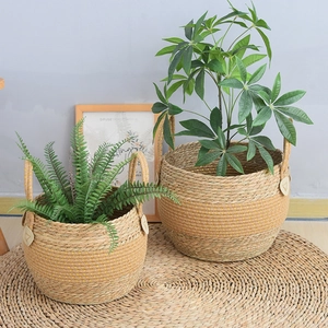 Detail of hand-woven seagrass planter basket with gold wire accents and natural fiber texture
