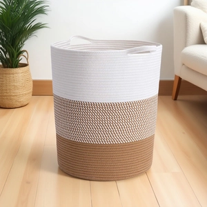 Three-color cotton rope woven basket detail featuring integrated handles and sturdy texture