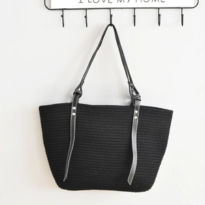 Women Large Capacity Woven Cotton Linen Tote Bag Casual Vintage Shoulder Bag Rivet Reinforced Summer Beach Handbag