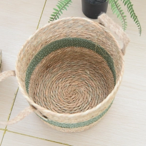 Detail of woven straw plant basket with green accent band and sturdy carry handles