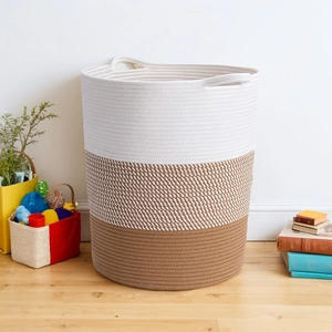 Nordic Woven Cotton Rope Storage Basket Large Laundry Hamper Tri-color Toy Organizer Bin With Handles For Home Room