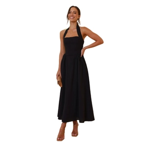 Elegantes schwarzes Neckholder-Kleid mit Karree-Ausschnitt und A-Linie für Sommerfeste
