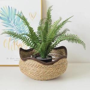 Detail of hand-woven straw planter with wavy dark trim and artificial green fern plant