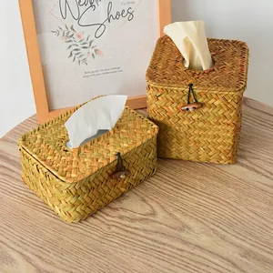Handmade Straw Woven Tissue Box Rustic Natural Seagrass Paper Holder Rectangular Square Napkin Organizer With Wood Button Home Decor