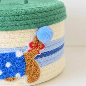 Macro shot of hand-woven storage basket showing blue striped texture and embroidery