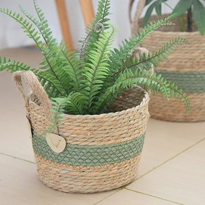 Detailed texture of handwoven seagrass plant basket with green accent and sturdy handles