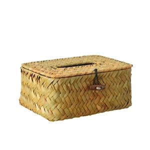 Handmade rectangular woven straw tissue box with wood button closure for home decor