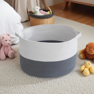 Minimalist cotton rope laundry basket for toy storage with Nordic grey and white design
