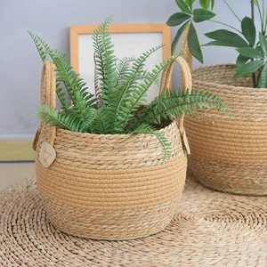 Handwoven Sea Grass Planter Basket With Handles Natural Straw Storage Basket Nordic Style Indoor Plant Pot Cover Home Decor