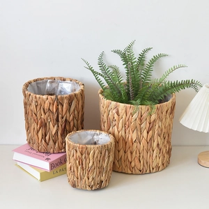 Detail of three water hyacinth baskets with waterproof liners for indoor plants