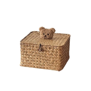 Handwoven seagrass storage basket with lid and cute plush bear head decoration
