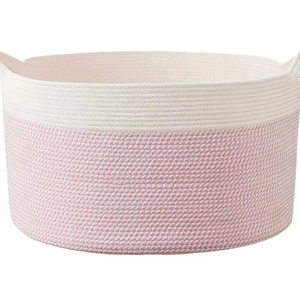 Collapsible Nordic cotton rope laundry basket with two-tone white and pink woven design