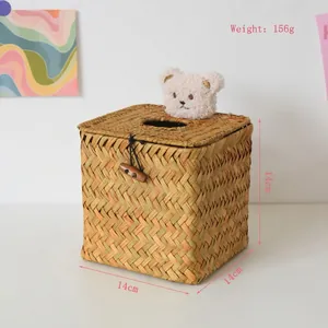 Detail of woven straw tissue box with plush bear and wooden latch, 14x14x14cm, 156g