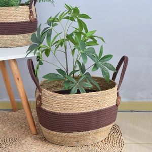 Close-up of seagrass woven planter with sturdy handles and leather detail accents