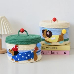Woven cotton rope storage basket with cartoon puppy embroidery for baby shower gift box