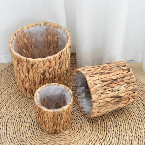 Set of 3 natural water hyacinth woven storage baskets for plants and home organization