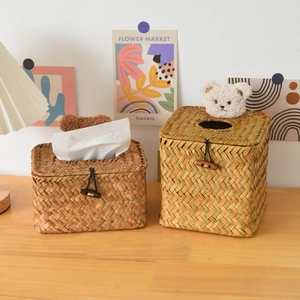 Handwoven seagrass tissue box set with cute plush bear and wooden button closure