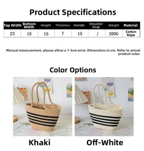 Détail montrant les dimensions et la matière d'un sac cabas rayé en corde de coton